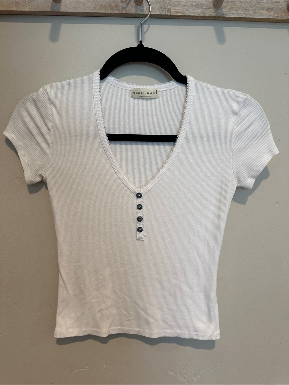 White Ribbed V-Neck Short Sleeve Tee with Button Placket